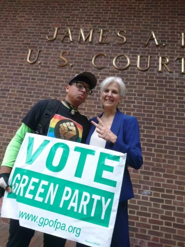 Jill Stein and Alan Smith at Protect Our Vote rally, September 2019, Philadelphia